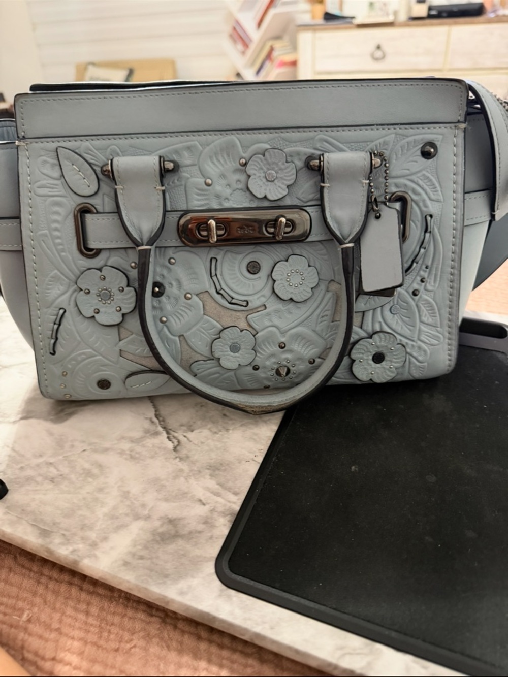 Coach Light Blue Floral Embossed Satchel